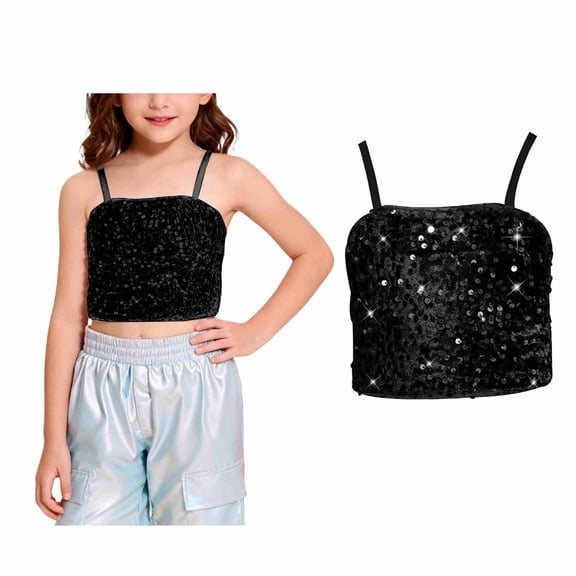 Girls Shiny Sequins Tank Top Sleeveless Spaghetti Strap Crop Tops for Girls Latin Jazz Ballet Performance