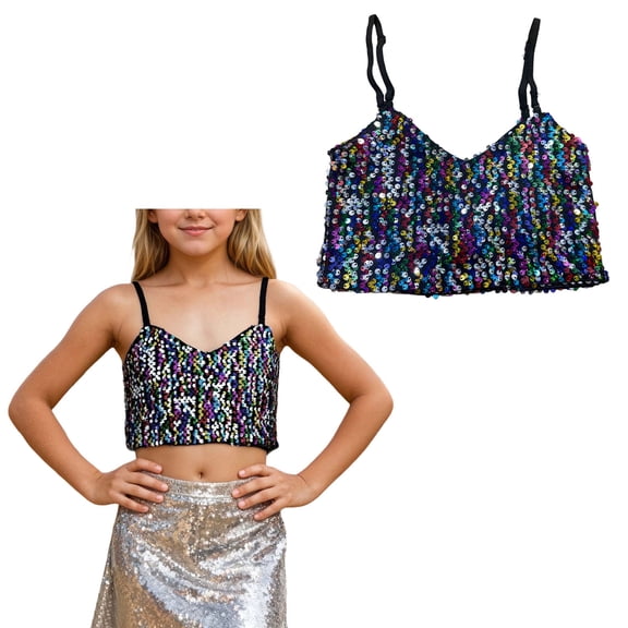 Girls Shiny Sequins Tank Top Sleeveless Spaghetti Strap Crop Tops for Kids Cheer Jazz Performance