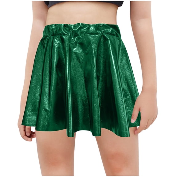 Girls Shiny Skater Skirt, Sparkly Flared Pleated A-Line Mini Dance Skirts Summer Skirts Green 7Y
