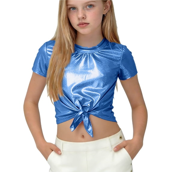 Girls Shiny Top, Metallic Sequined Round Neck Short Sleeve Crop Shirt for Party, Festival, and Performance Wear