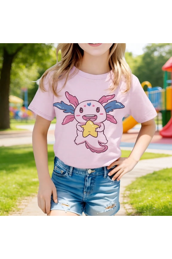 Girls Shirt Cartoon Character Print Short Sleeve Round Neck Top Girls Clothes Pink 1-2Y