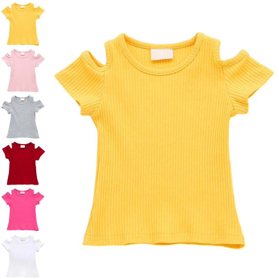 Girls Shirt Crew Neck Short Sleeve Tops Cold Shoulder Kids Tshirts 4-5 Years