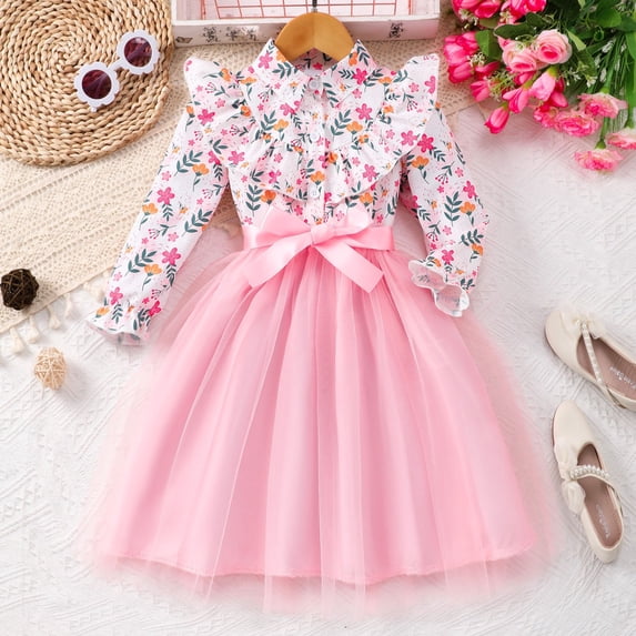 Girls Shirt Dress Floral Printed Long Sleeve Ruffle Lapel Collar Belted Clothes Little Girl Mesh Tutu Party Princess Dress Pink 4-5 Years