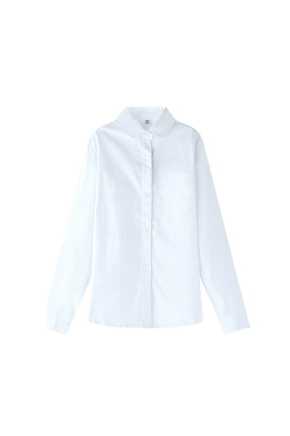 Girls Shirt Long Sleeve White Button Up Kids School Uniform Cotton Collared Puff Dress Blouse White 6-7 Years