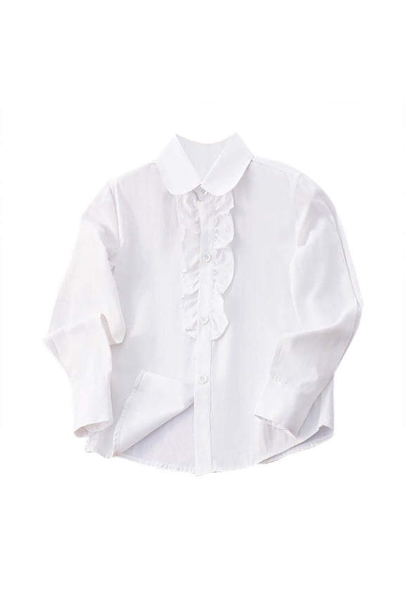 Girls Shirt Long Sleeve,White Button Up Kids School Uniform Cotton Collared Ruffle Dress Blouse