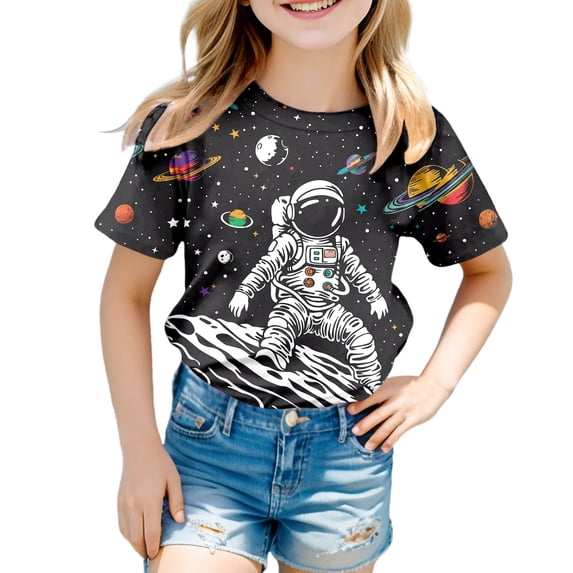 Girls Shirt Toddler Kids Girls Fashion Casual T Shirt Astronaut Letter Print Crew Neck Short Sleeve Round Neck Tee Top Dark Gray 18 Months-24 Months