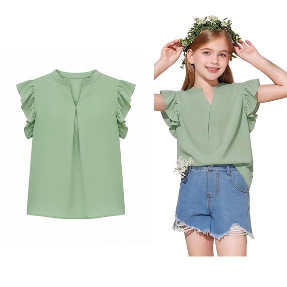 Girls Shirt V Neck Ruffle Sleeve Green T Shirts for Girls Casual Base Shirts for Kids 5-6 Years