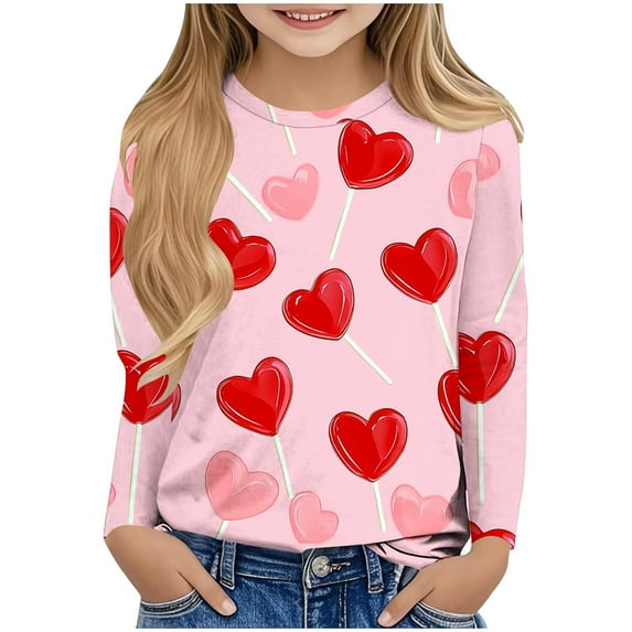 Girls Shirts 2026 Valentine's Day Fashion Casual Crewneck Long Sleeve Tops Cute Graphic Pullover Blouses Size 3-14