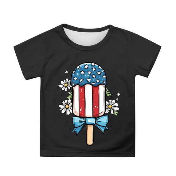 Girls Shirts And Tops Leisure Short Sleeve With Independence Day Print Round Neck Party Tops Trendy