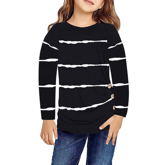 Girls Shirts Autumn Casual Long Sleeve Buttons Striped Tunic Tops Girls' Tops Black 6 Years-7 Years