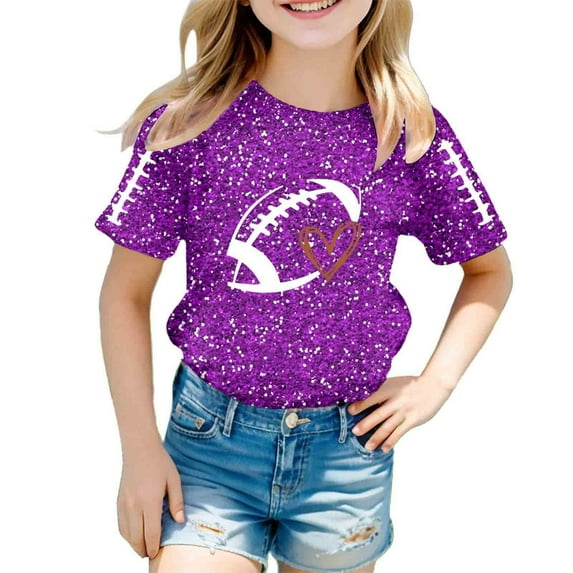 Girls Shirts Ball Cartoon Print Girls Glitter Graphic T Shirt Casual Short Sleeve Tee Girls Tops Purple 120