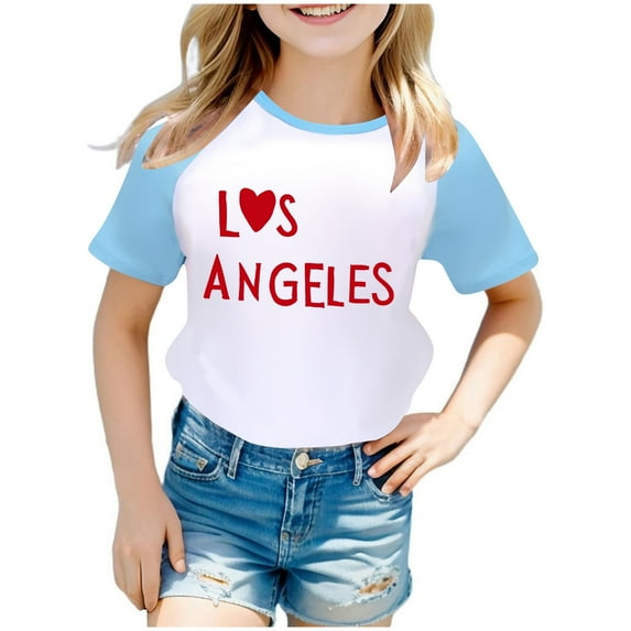 Girls Shirts Boys And Girls US City Print Raglan Short Sleeve T Shirt 3423 Light Blue, 9-10 Years