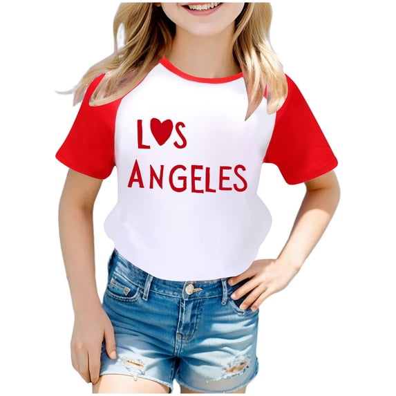 Girls Shirts Boys And Girls US City Print Raglan Short Sleeve T Shirt 3423 Red, 9-10 Years