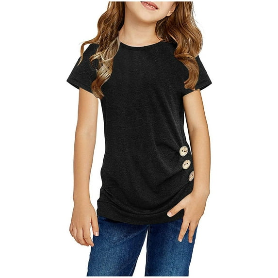 Girls Shirts Kids Tunic Crewneck Soft Solid Short Sleeve Casual Pullover T Shirt With Side Buttons Girls Tops Black 12 Years-13 Years
