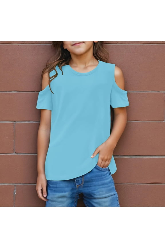 Girls Shirts, Cold Shoulder Tops, Short Sleeve Crew Neck Tunic Tops for Girls, Loose Fit Tee for Casual Wear, Comfortable Summer Play, 3-14 Years