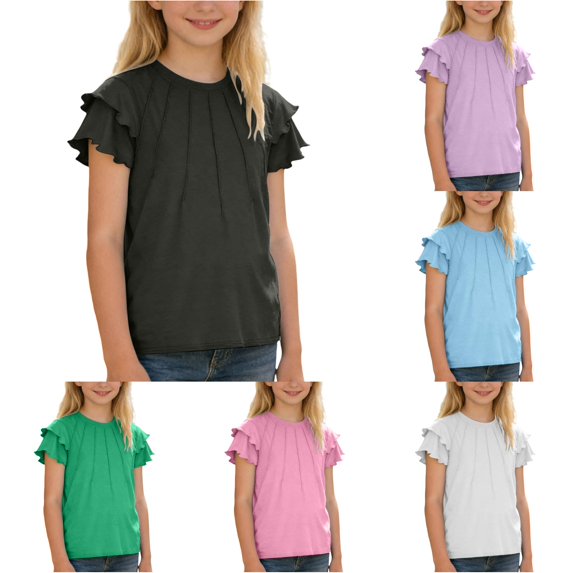 Girls Shirts Crew Neck Ruffle Sleeve Girls Black T Shirt Slim Fit Back To School Clothes 11-12 Years