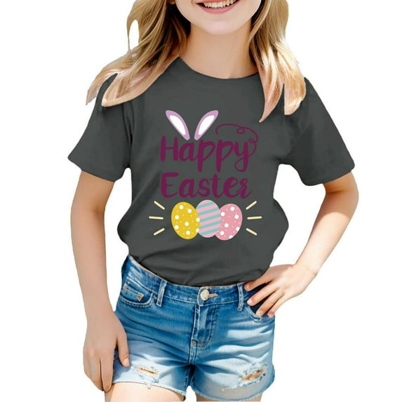 Girls Shirts Easter Letter Print Shirt Casual Short Sleeve T-Shirts Breathable Cotton Summer Tees Children Clothing Grey 4-5 Years