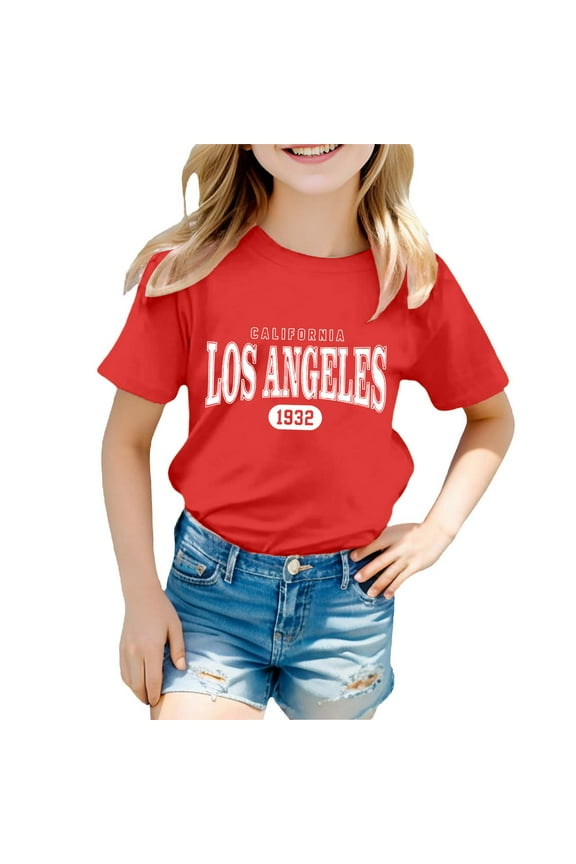 Girls Shirts Fashion Casual Letter Printed Round Neck Loose Short Sleeve T Shirt Top Size 3 Y-4 Y