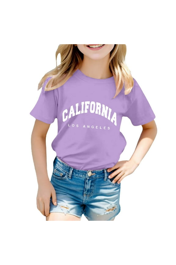 Girls Shirts Fashion Casual Letter Printed Round Neck Loose Short Sleeve T Shirt Top Size 3 Y-4 Y