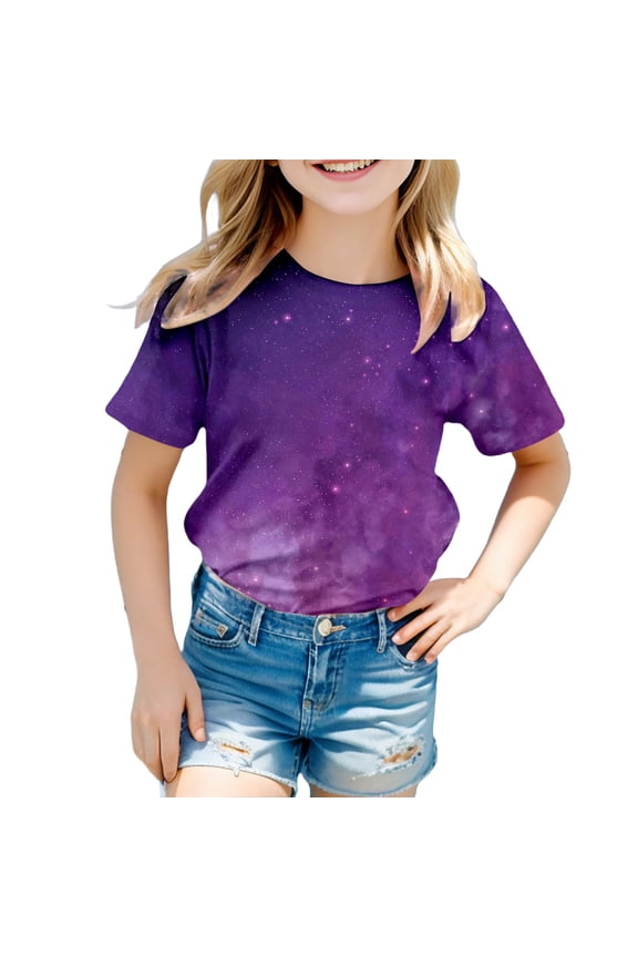 Girls Shirts Galaxy Shirt Children's 3D Galaxy Print T Shirts Glitter Shirts Blouse Fashionable Starry Sky Summer Shirts Round Neck Short Sleeve Tops for Carnival