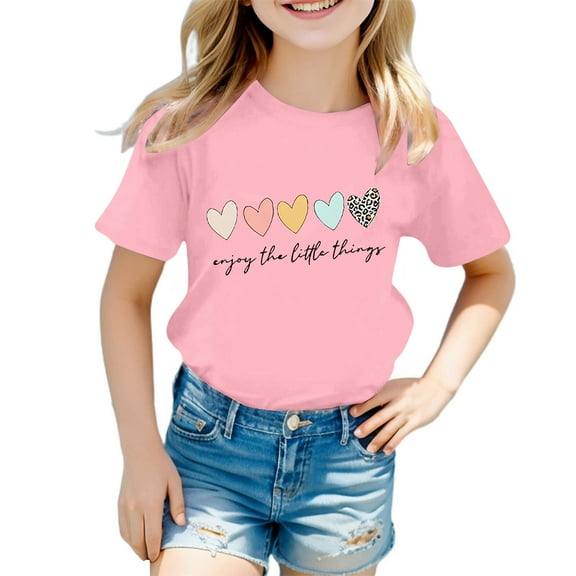 Girls Shirts Girls Cute Graphic Print Round Neck Short Sleeve Tee Summer Casual T Shirt Pink, 11-12 Years