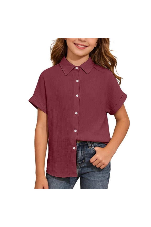 Girls Shirts Girls Solid Turn-Down Collar Short Sleeve Classic Button Down Shirt Casual Soft Breathable Versatile Layering Piece Brick Red 13 Years-14 Years