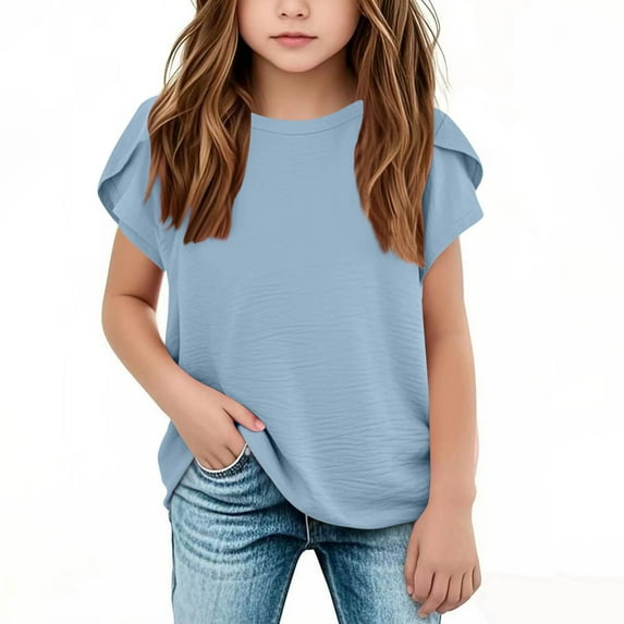 Girls Shirts Girls Summer Shirts Girls Short Sleeve Muslin Petal Sleeve Solid Color Breathable Round Neck Children's Spring And Summer Short Sleeve Beach Top 5 15 Years Old