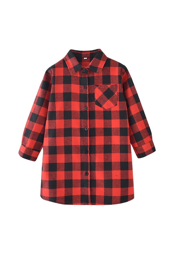 Girls Shirts Girls Toddler Plaid Pleated Mini Dress Button Down Plaid Flannel Shirts Long Sleeve Casual Dress Red, 7-8 Years