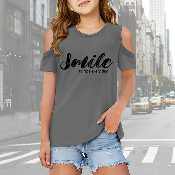 Girls Shirts Kids Letter Printed T Shirt Short Sleeve Cut-Out Design Crewneck Undershirts Outfits for Girls 5-6 Years