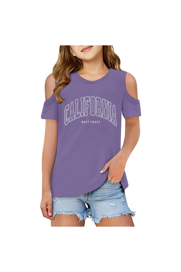 Girls Shirts Graphic Short Sleeve T Shirts Shoulder Cut-Out Crewneck Girls Blouse Girls T Shirts Size 4-5 Years