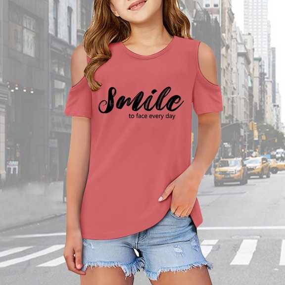 Girls T Shirts Letter Print Short Sleeve Tshirts Cut-Out Design Casual Tees Shirt Tops Girls Clothes Size 4-5 Years