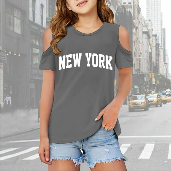 Girls Shirts Graphic Short Sleeve Tshirts Shoulder Cut-Out Crewneck Undershirts Clothes for Girls 9-10 Years