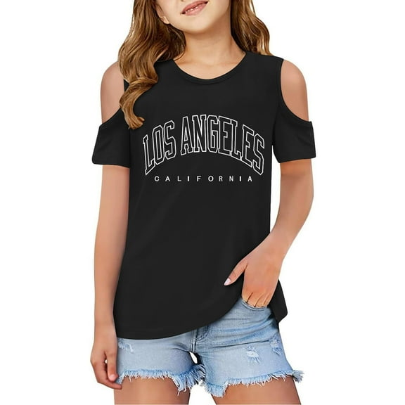 Girls Shirts Graphic T Shirt Short Sleeve Shoulder Cut-Out Crewneck Tee Tops Girls T Shirts Size 7-8 Years