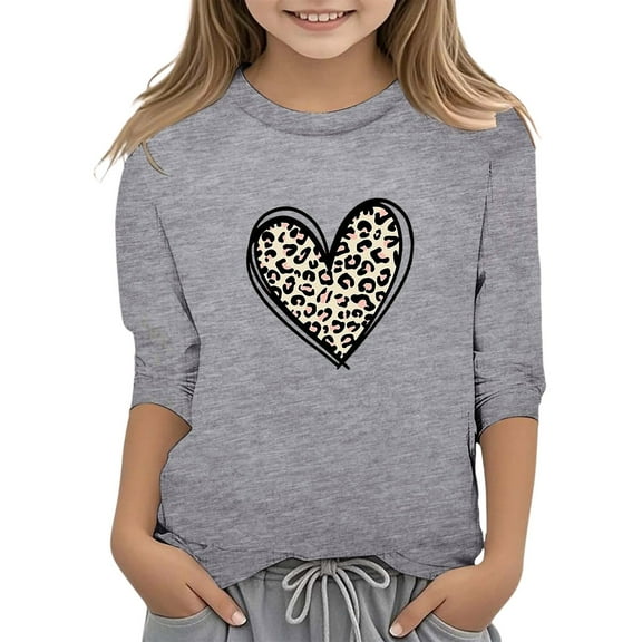 Girls Shirts Graphic Tees Valentines Day Fashion Heart Print Shirt 3/4 Sleeve Casual Crewneck Pullover Tops Summer Outerwear Kids Clothes Z03-Grey 13-14 Years
