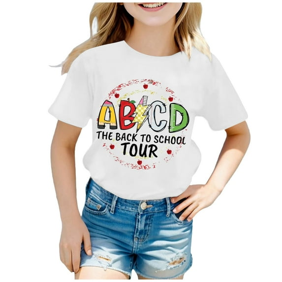 Girls Shirts Kids' Back To School Graphic Short Sleeve Round Neck Tee Bright & Comfortable for Boys & Girls 11 White, 3-4 Years