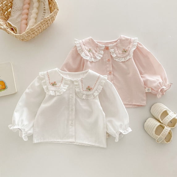Girls Shirts Kids Basic Tees Blouse with Lace Collar Elegant Ruffle Shirt for Toddlers and Kids Fashion Top