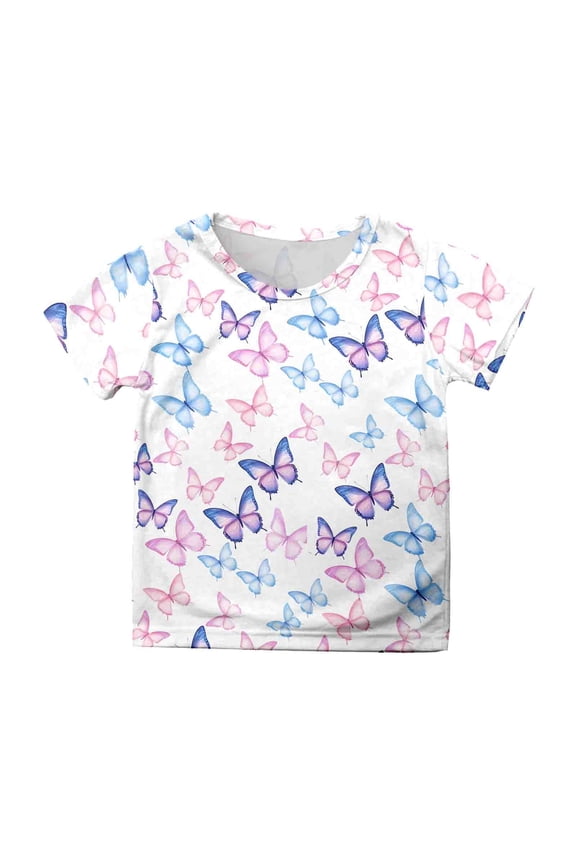 Girls Shirts Kids Butterfly Printed Short Sleeve T Shirt Casual Loose Trendy Top Size 3 Y-4 Y