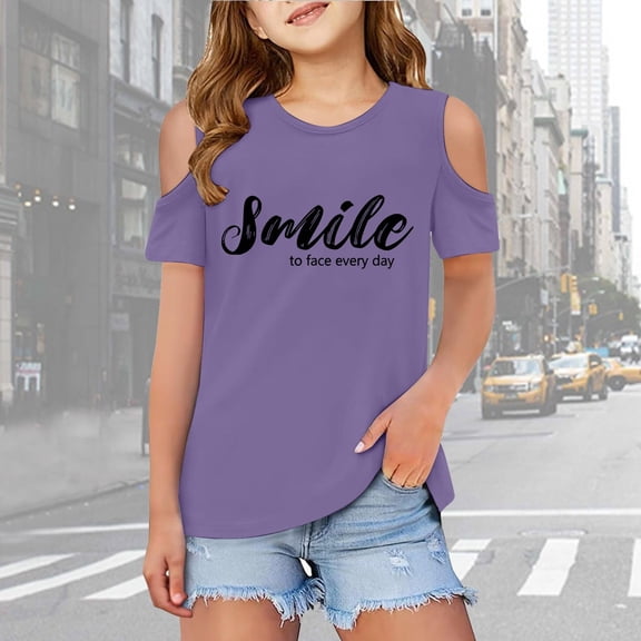 Girls Shirts Kids Letter Printed Short Sleeve Shirts Cut-Out Design Crewneck Pullover Undershirt Outfits for Girls 4-5 Years