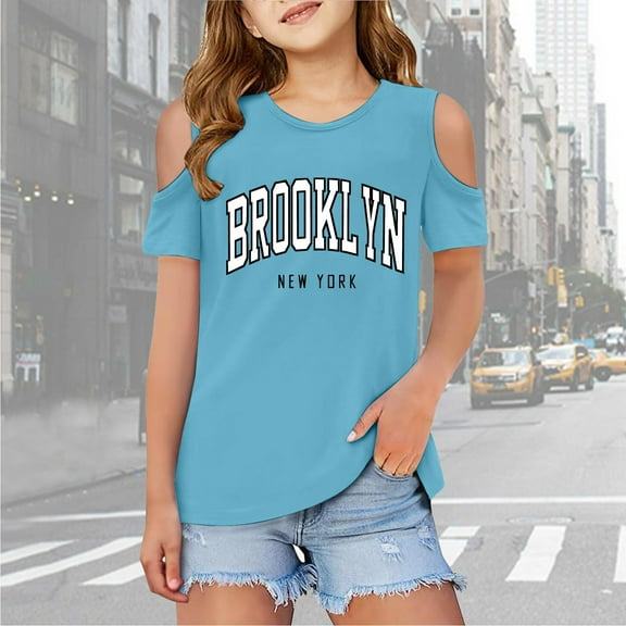 Girls Shirts Kids Letter Printed Short Sleeve Tshirts Shoulder Cut-Out Crewneck Girls Blouse T-Shirts for Girls 7-8 Years