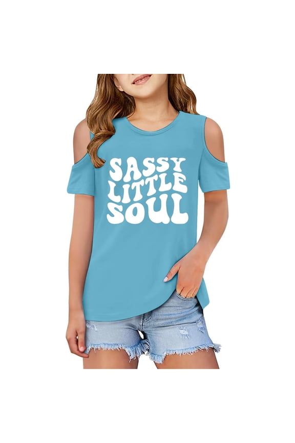 Girls Shirts Kids Letter Printed T Shirt Short Sleeve Cut-Out Design Crewneck Girls Blouse Outfits for Girls 4-5 Years