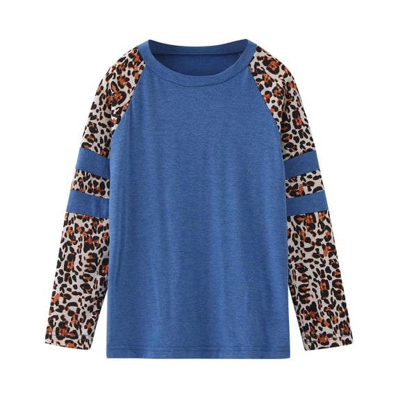 Girls Shirts Kids Long Sleeve Crewneck Leopard Prints T Shirt Loose Casual Autumn Blouse Tee Girls Tops Blue 3 Years-4 Years