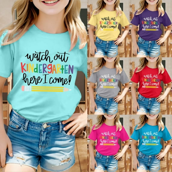 Girls Shirts Kids School Season Back to School Season Printed Casual Short Sleeve Blue Girls Athletic Tops 130