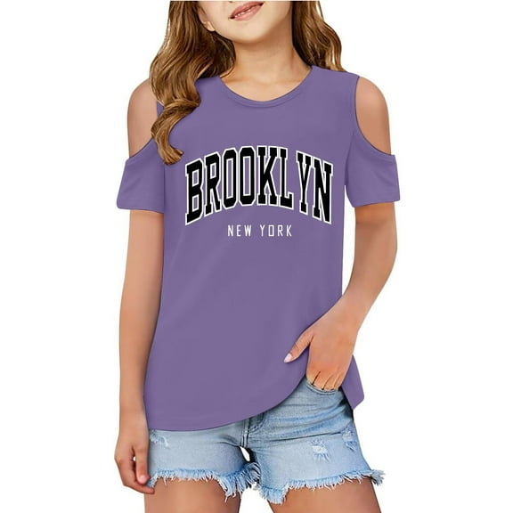 Girls Shirts Letter Print Short Sleeve Shirts Cut-Out Design Crewneck Pullover Tops Trendy Clothes for Girls 5-6 Years