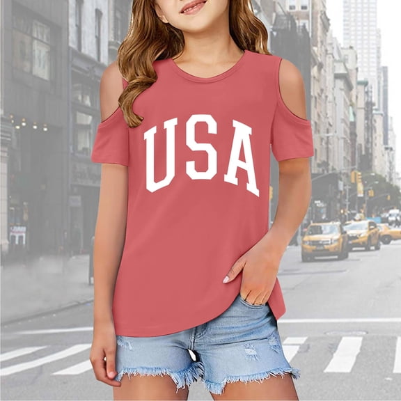 Girls Shirts Letter Print Short Sleeve Shirts Cut-Out Design Crewneck Tee Tops Girls Clothes Size 4-5 Years