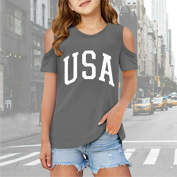 Girls Shirts Letter Print Short Sleeve Shirts Shoulder Cut-Out Crewneck Pullover Tops Clothes for Girls 5-6 Years