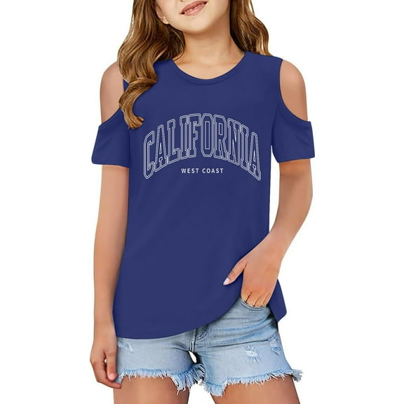 Girls Shirts Graphic Letter Print Short Sleeve T Shirts Cut-Out Design Crewneck Pullover Undershirt Girls T Shirts Size 5-6 Years