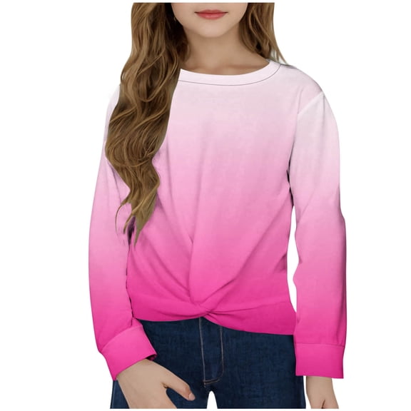 Girls Shirts Long Sleeve Tops Gradient/Graphic Tees Twist Knot Blouses Casual Spring Fall Clothes (3 Years, Hot Pink)