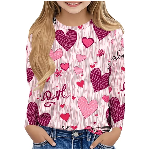 Girls Shirts Long Sleeve Valentine's Day Graphic Tees Tops 2026 Cute Crewneck Casual Pullover Shirt Size 3-14