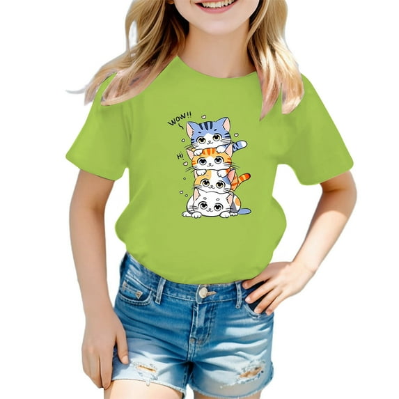 Girls Shirts Short Sleeve Cartoon Graphics Boat Neck Kids Funny Tops Size 7-8 Years,Light Green