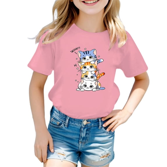 Girls Shirts Short Sleeve Cartoon Graphics Boat Neck Kids Funny Tops Size 9-10 Years,Pink
